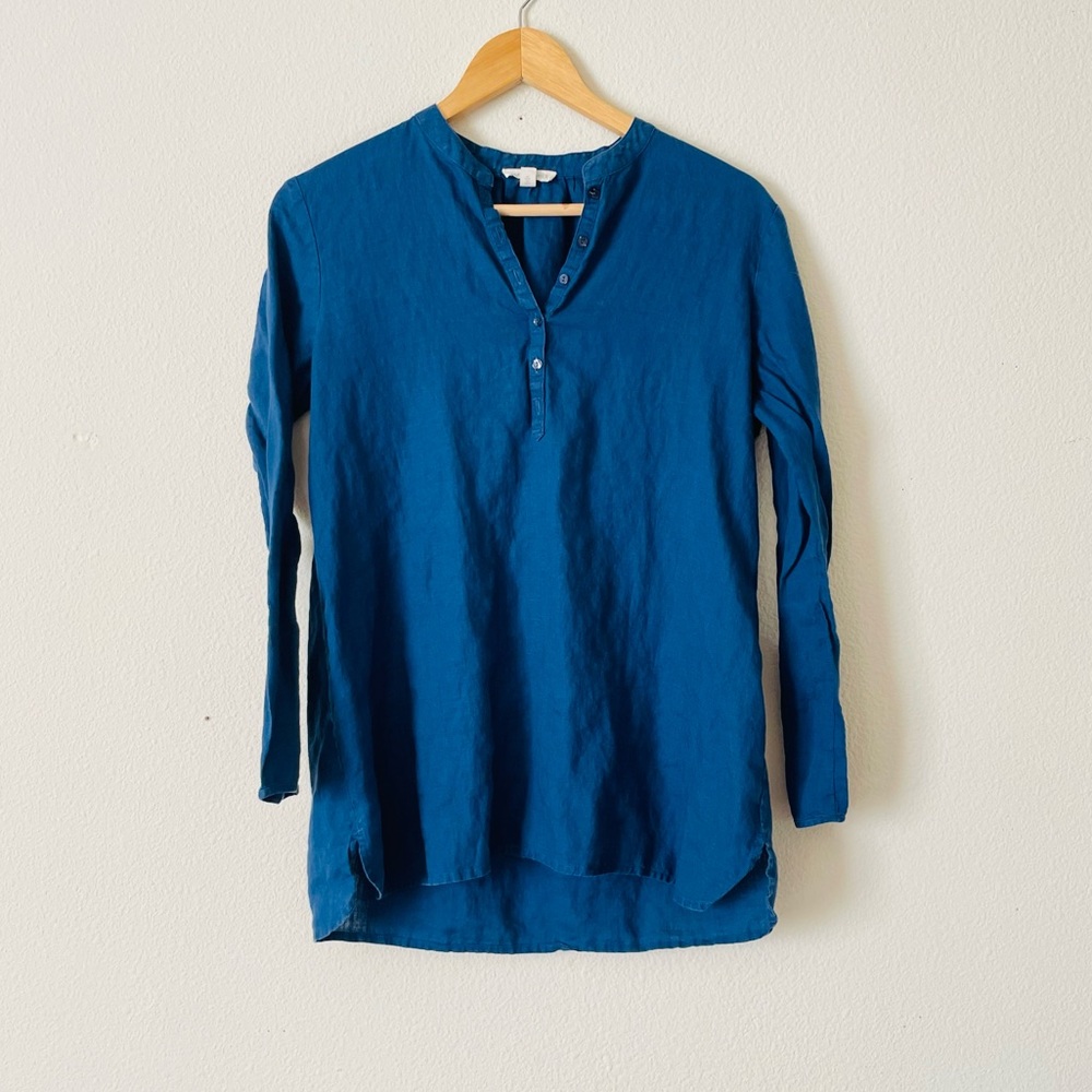 Eileen Fisher XS 100% linen deep blue blouse
